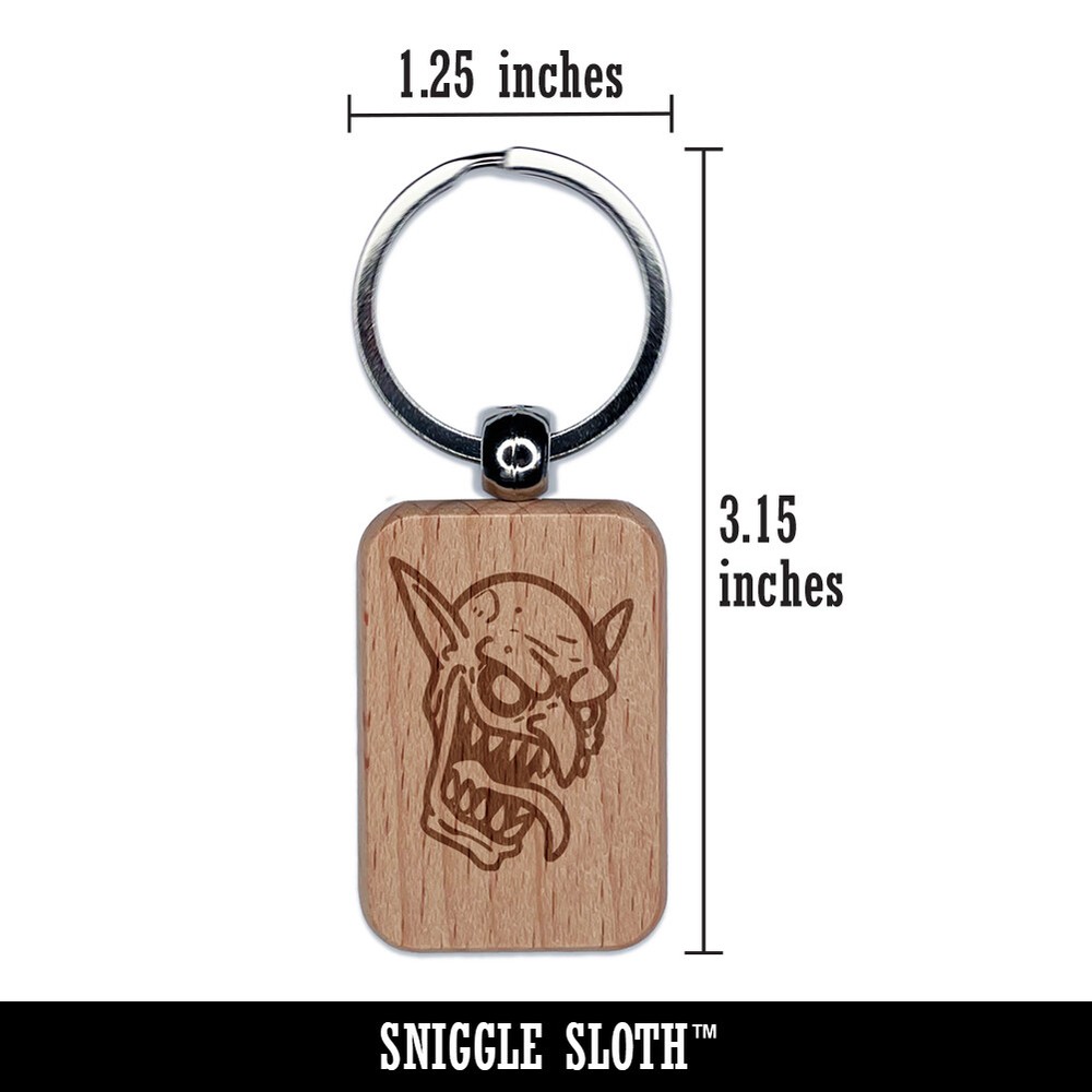 Evil Smiling Goblin Face Engraved Wood Rectangle Keychain Tag Charm