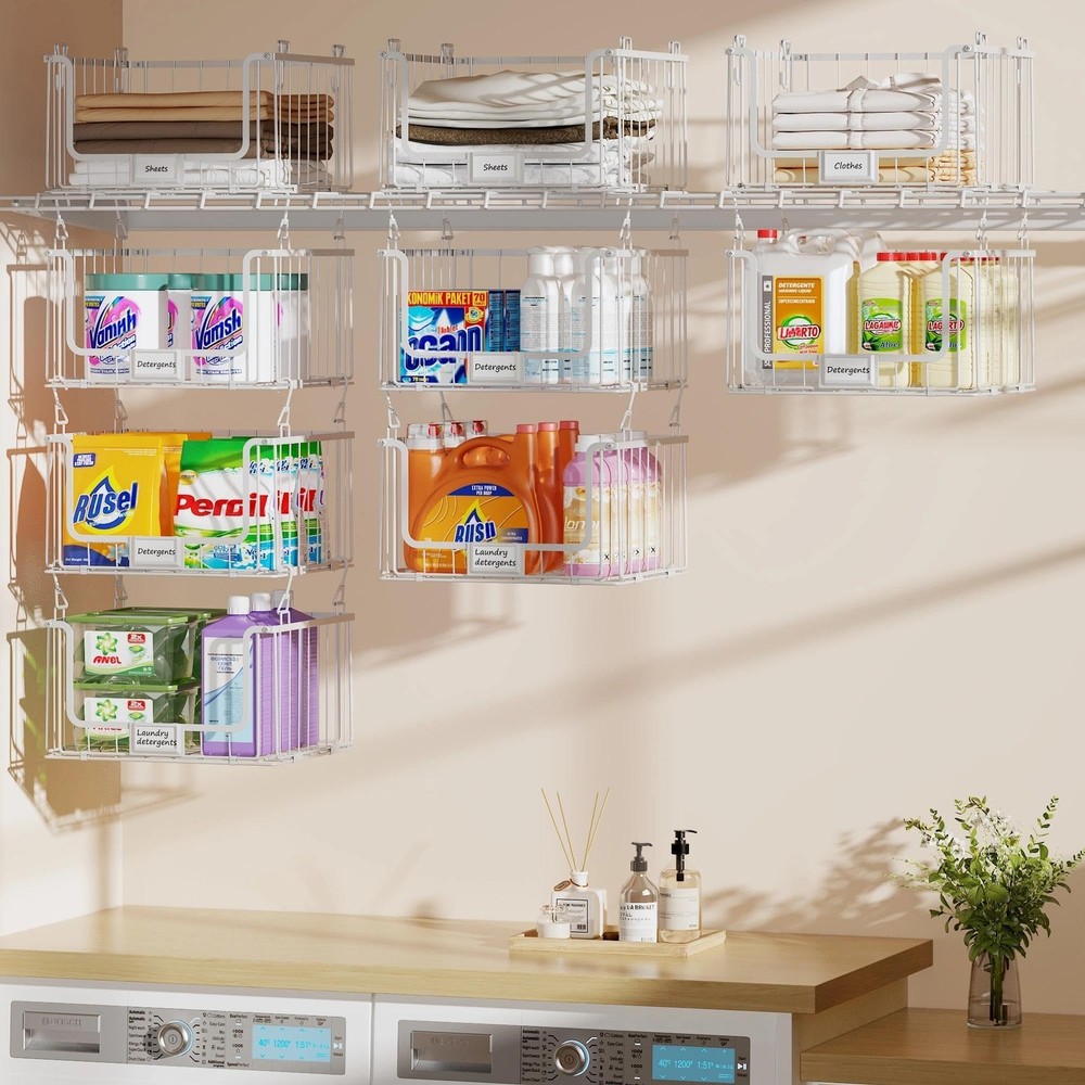 3-Pack Hanging Laundry Organizer and Storage, Stacked Wire Shelf with Label C...