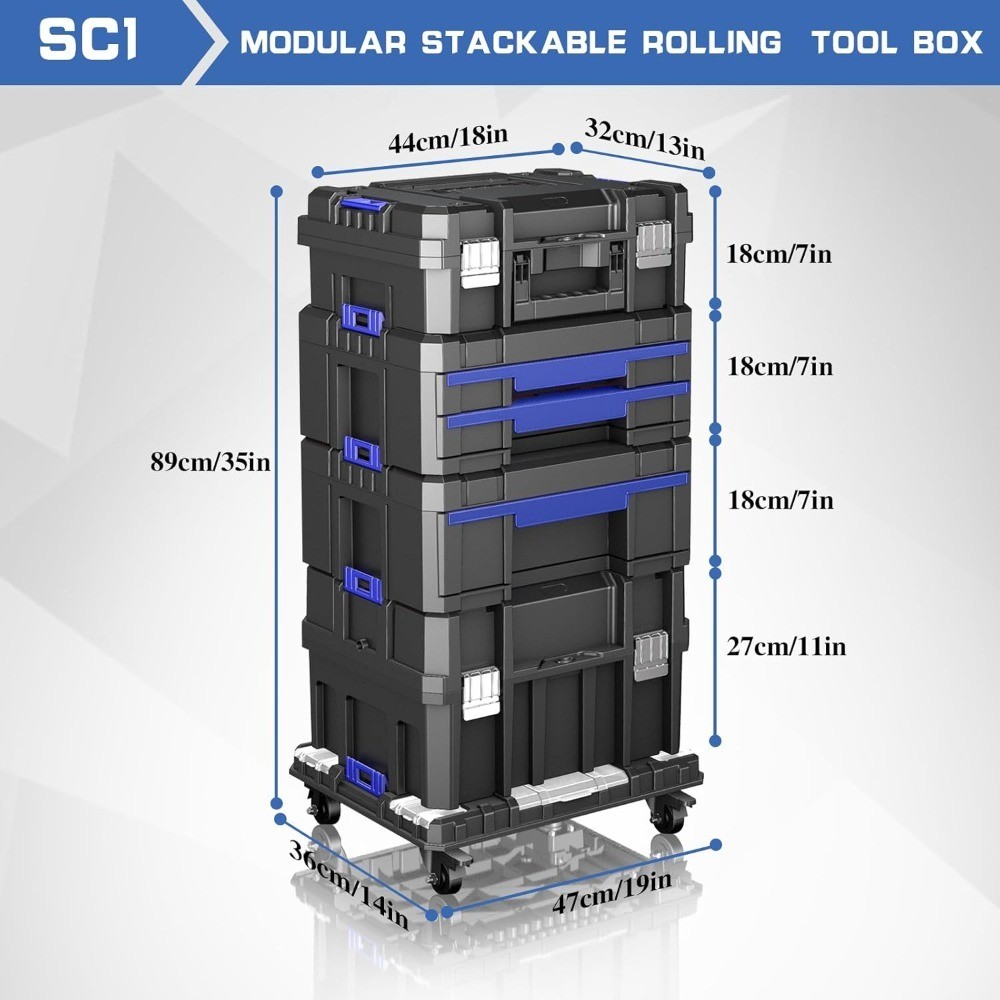 4 Tier Stackable Rolling Tool Box with Wheels, Modular Organizer Drawers,