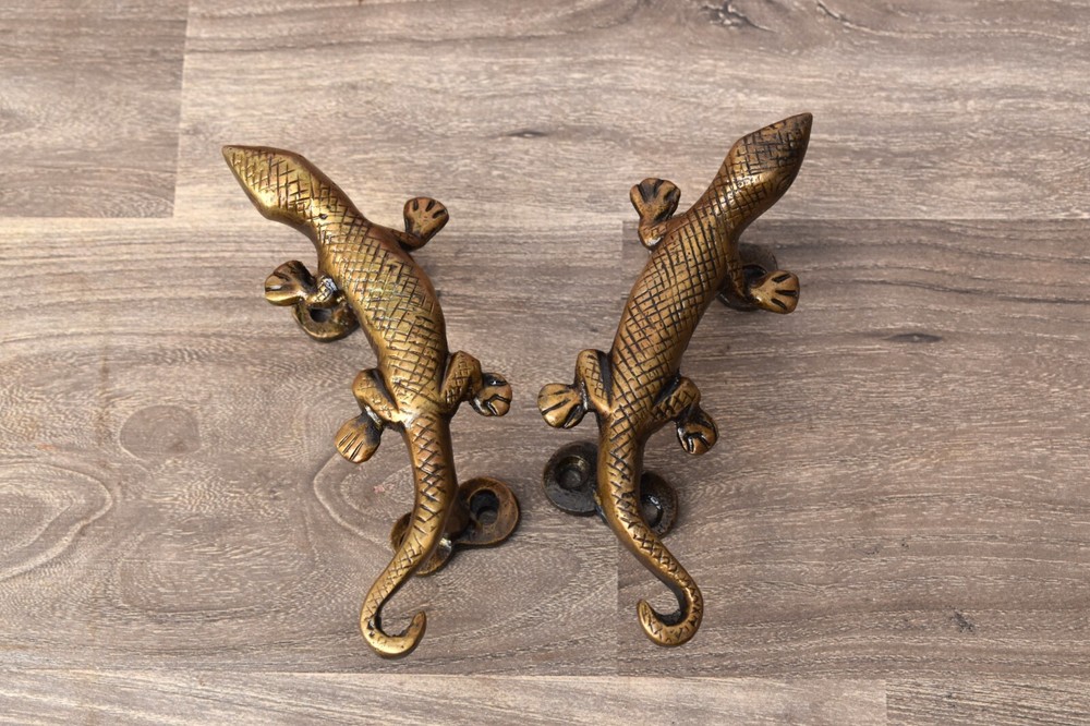 Vintage Brass Door Handle Lizard Heavy Gate Pull Drop Original Handle 2 Pcs