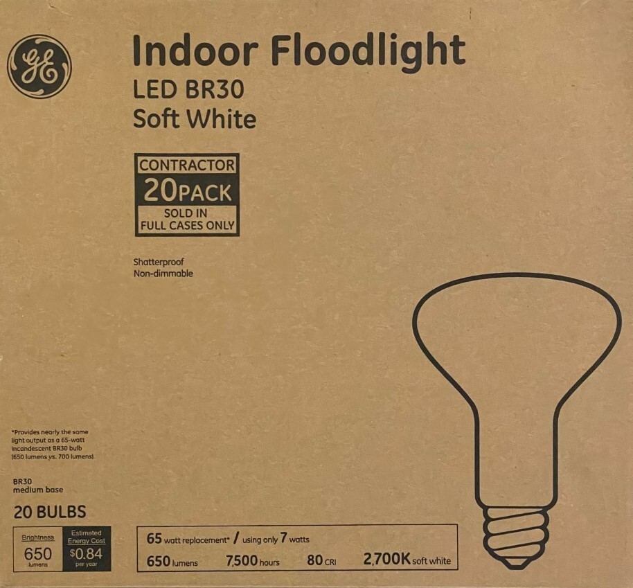20 GE 65-Watt BR30 Soft White LED Floodlight Bulbs - 650 Lumens