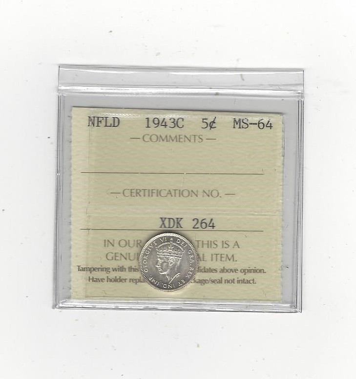 1943c, ICCS Graded Newfoundland Five Cent, **MS-64**