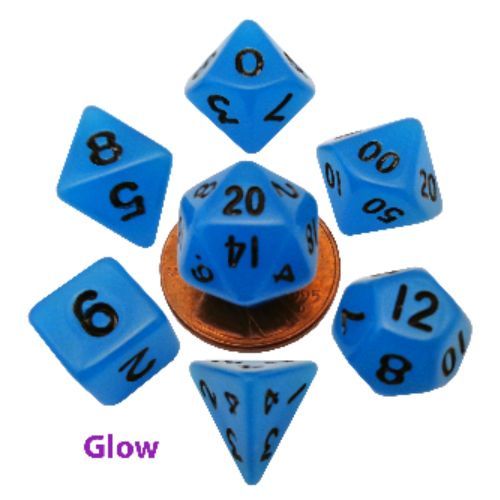7 COUNT MINI RESIN GLOW POLY DICE SET, BLUE new