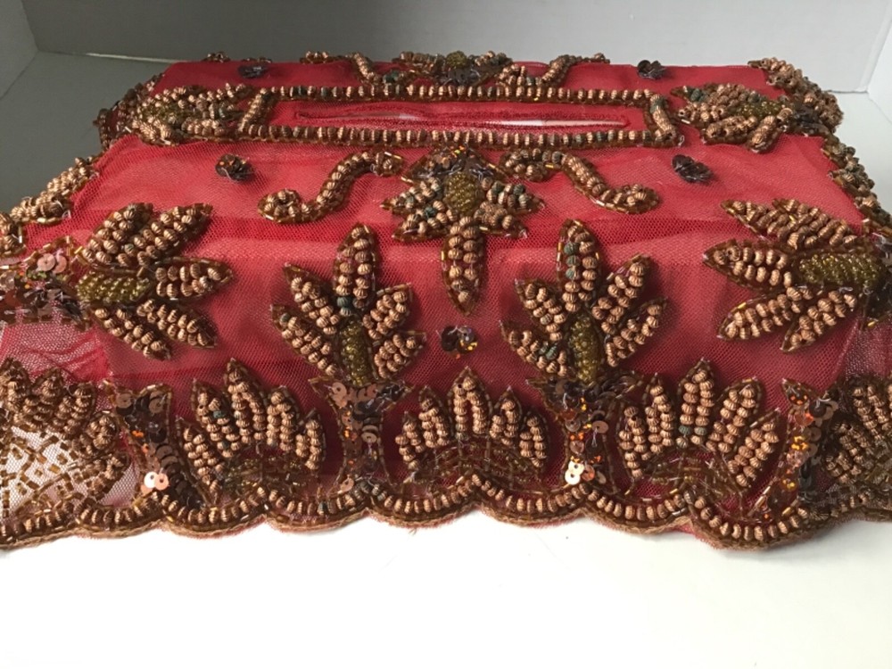 Vintage Hand Beaded Fabric Tissue Box Cover