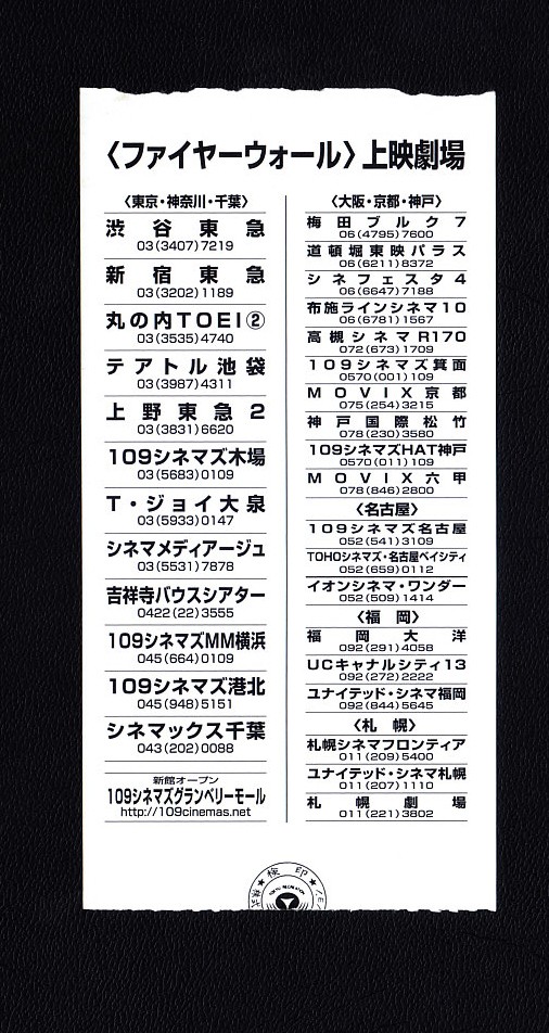 Ticket stub HarrisFord Firewall Richard Loncraine