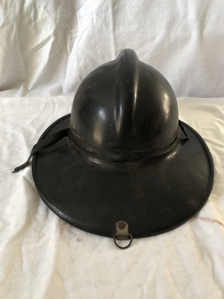 VINTAGE BLACK PLASTIC FIRE HELMET ~ MHC #2 LEATHET FRONT