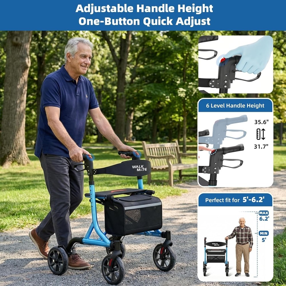 Adjustable Height Rollator Walker for Seniors - Blue