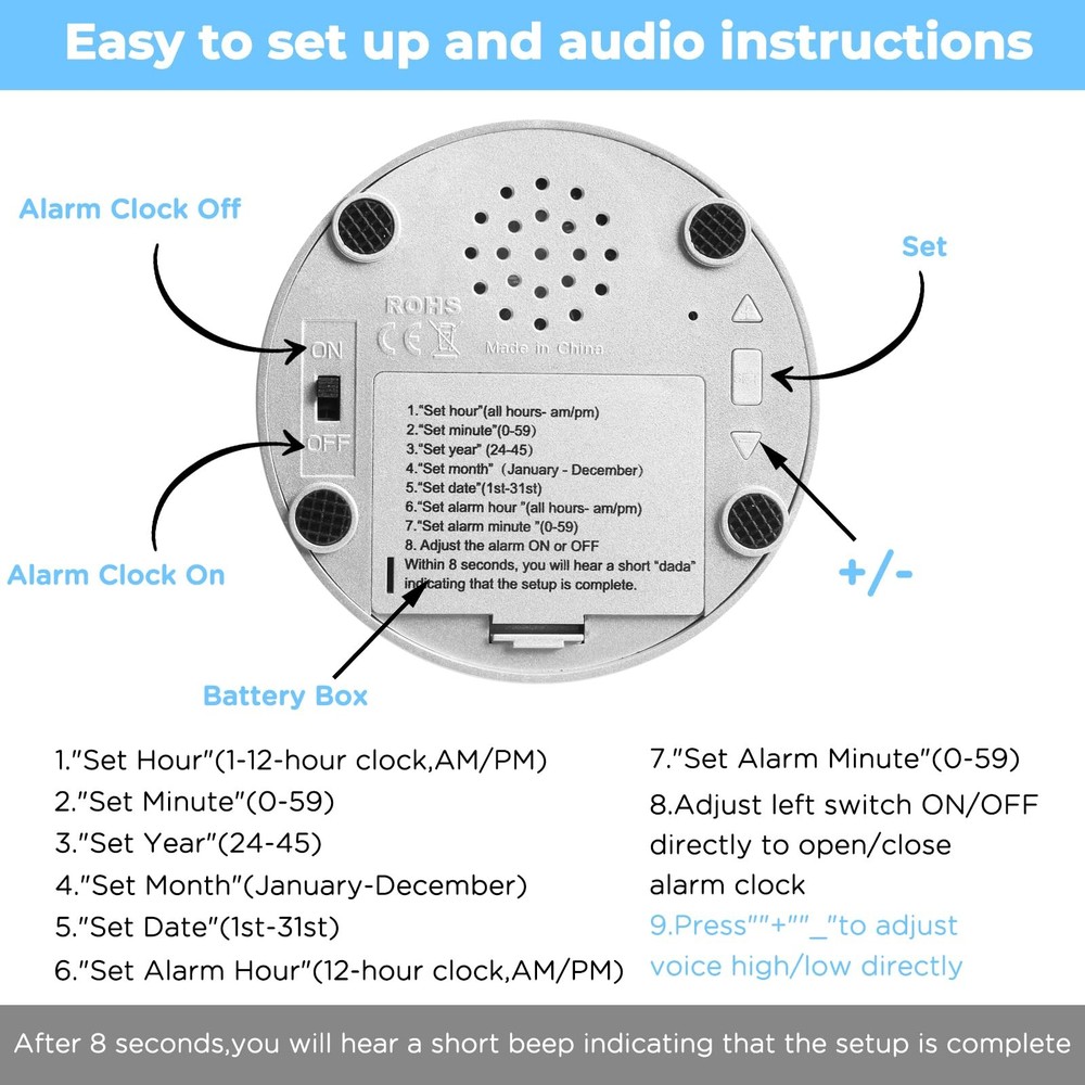Talking Button Clock Talking Alarm Clock for Blind Talking Clock Volume Contr...