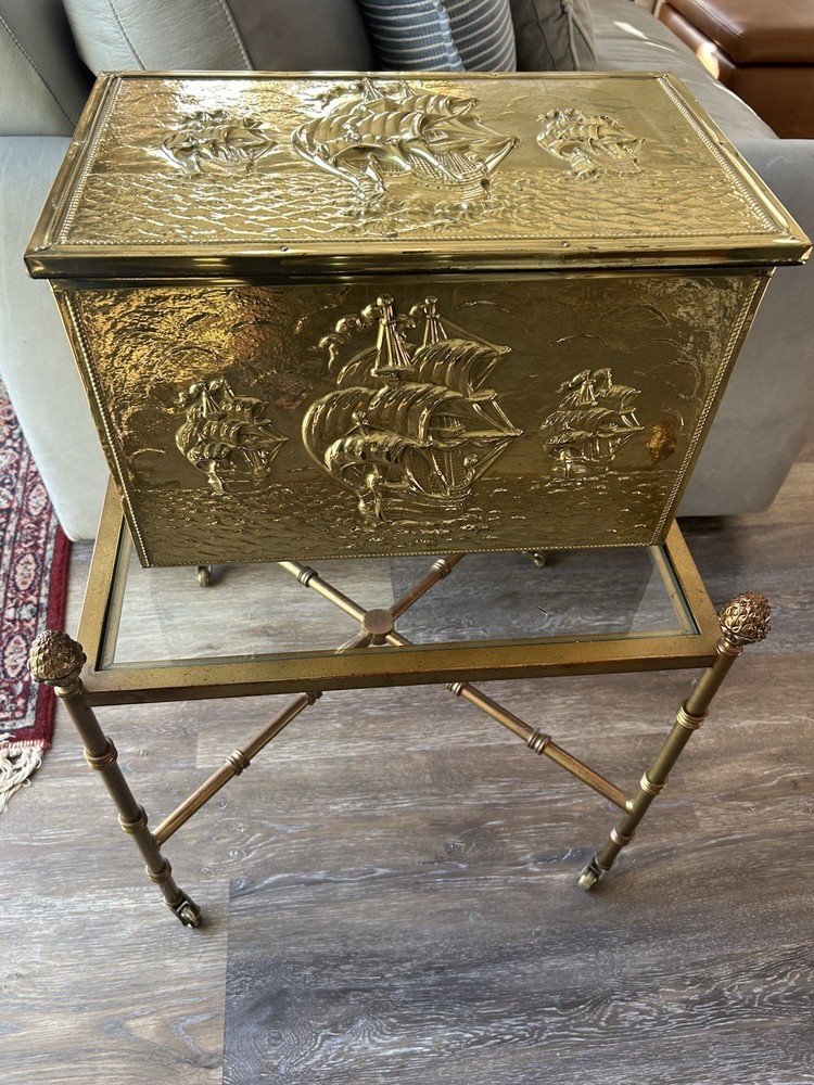 Brass-clad coal box w/embossed sailing ship motif
