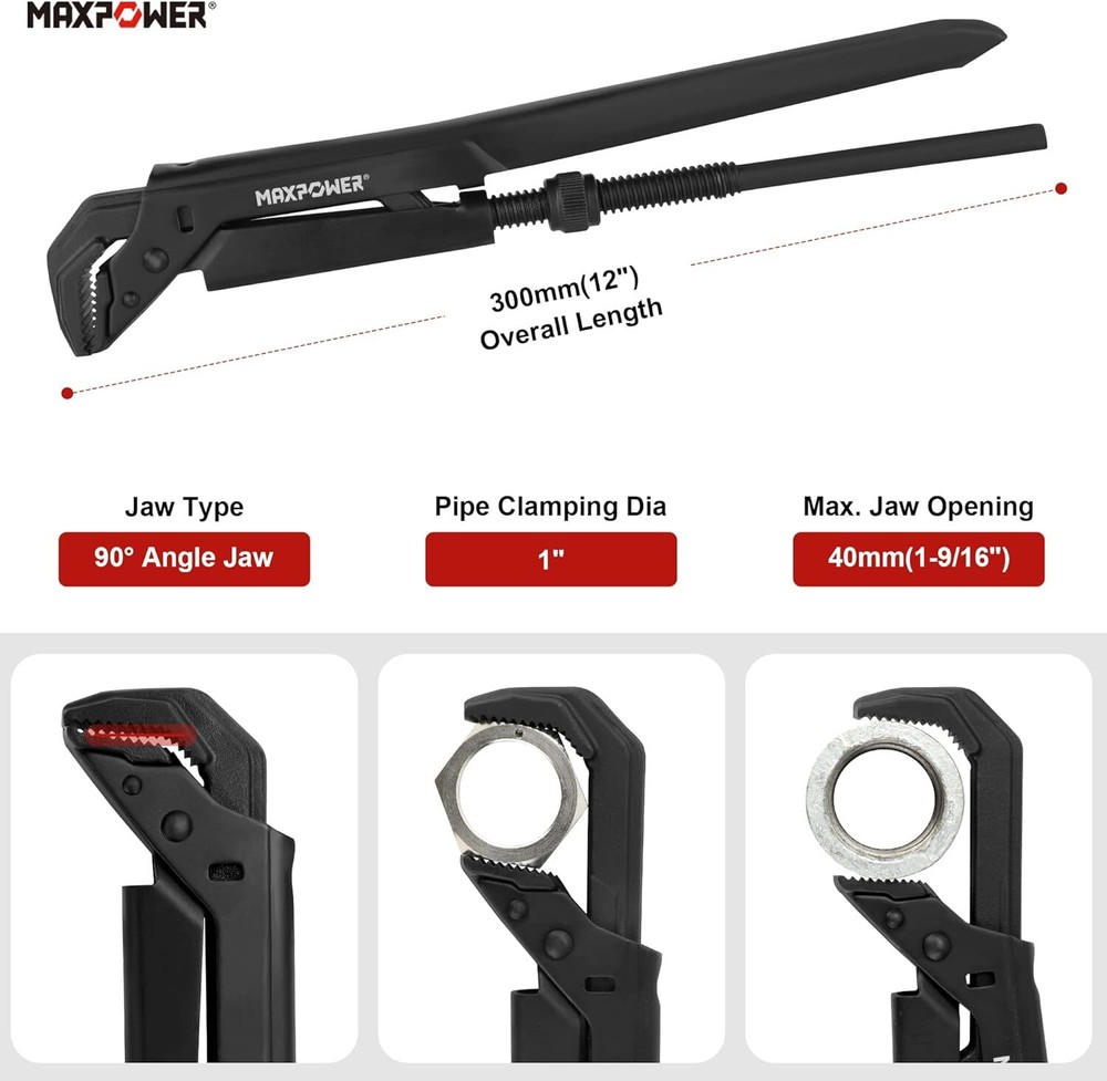12 Inches Adjustable Swedish Pipe Spanner Plumbers Spanner with 90°Angled Jaw