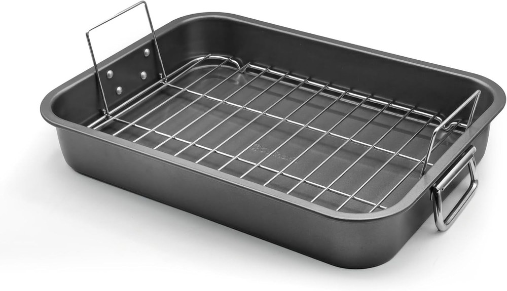 Large Roasting Pan with Flat Rack 12"x16" Nonstick Bakeware for Oven, Silver