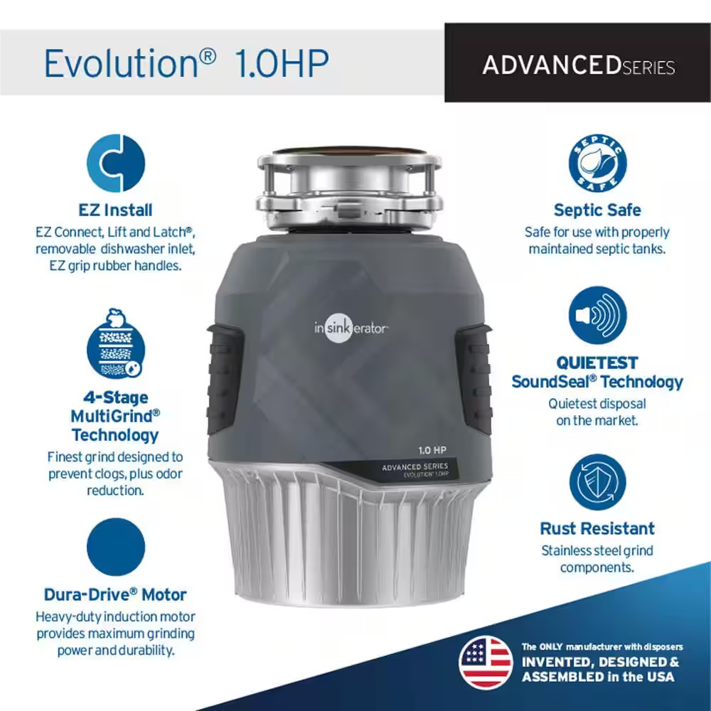 Evolution 1HP Garbage Disposal, EZ Connect Continuous Feed Food Waste Disposer W