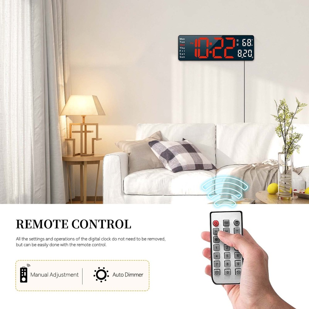 Large Digital Wall Alarm Clock with Remote Control Date Temperature Week