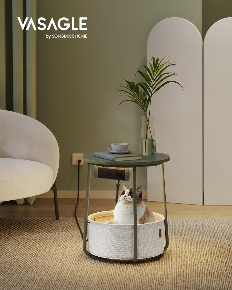 LILEA Collection - Side Table with Charging Station, Round End Table with Fab...