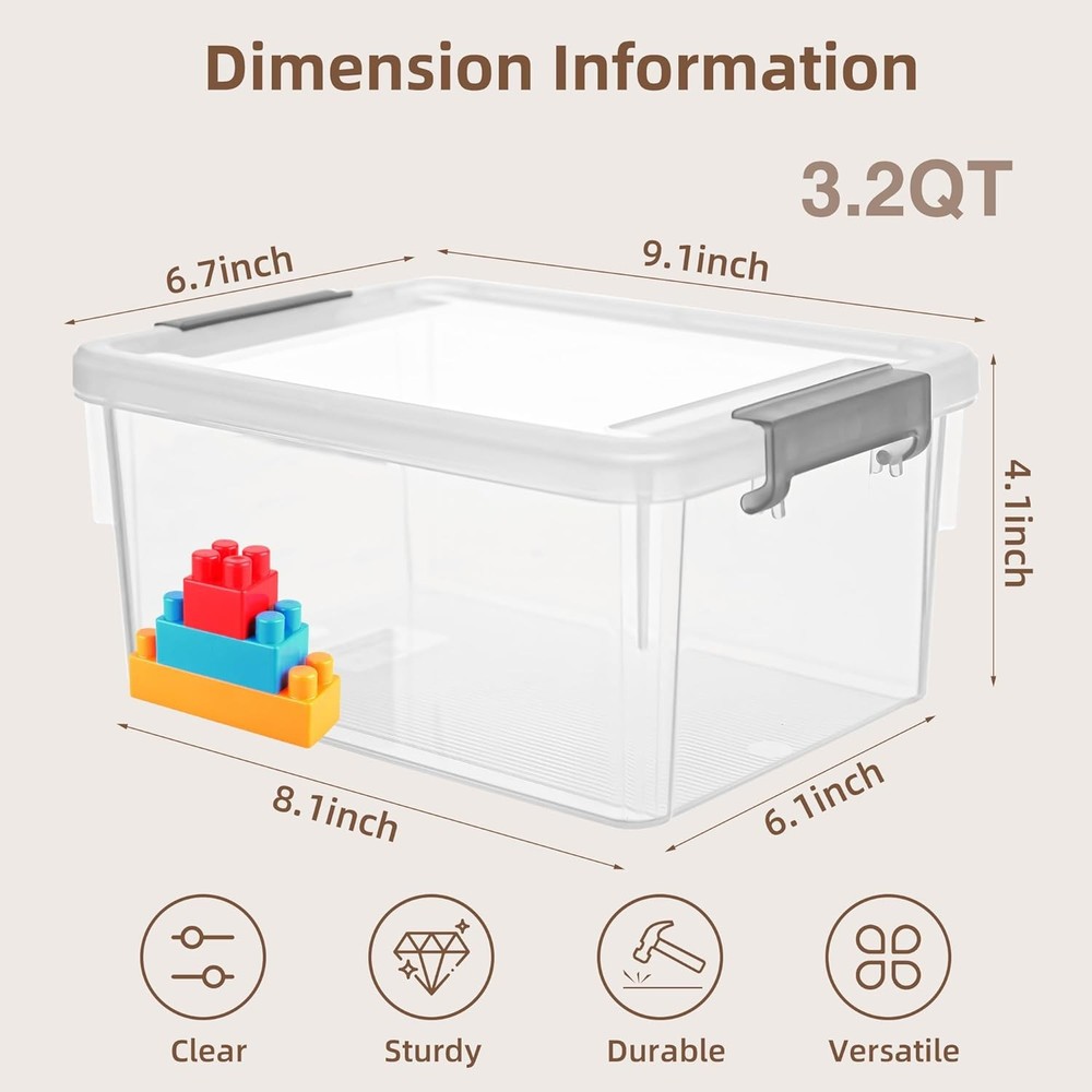 3.2 Qt Clear Storage Bins with/ Lids Stackable Organizer 6 Pack