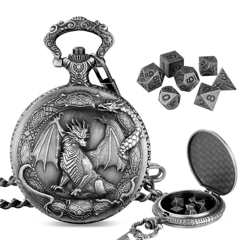 7pcs Mini Solid Metal DND Dice Set in Pocket Watch Case for Dungeons & Dragons