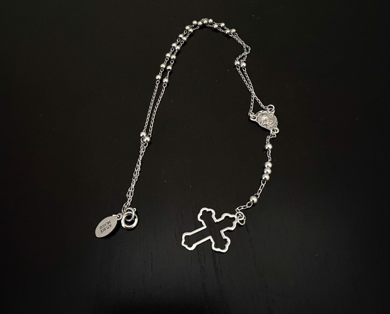 ATI Mexico 925 Sterling Silver Rosary Necklace 12" Guadalupe Medal