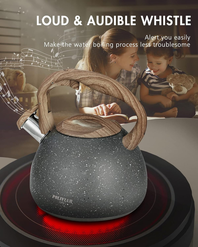 Tea Kettle, 2.7 Quart Natural Stone Finish with Wood Pattern Handle Loud Whis...