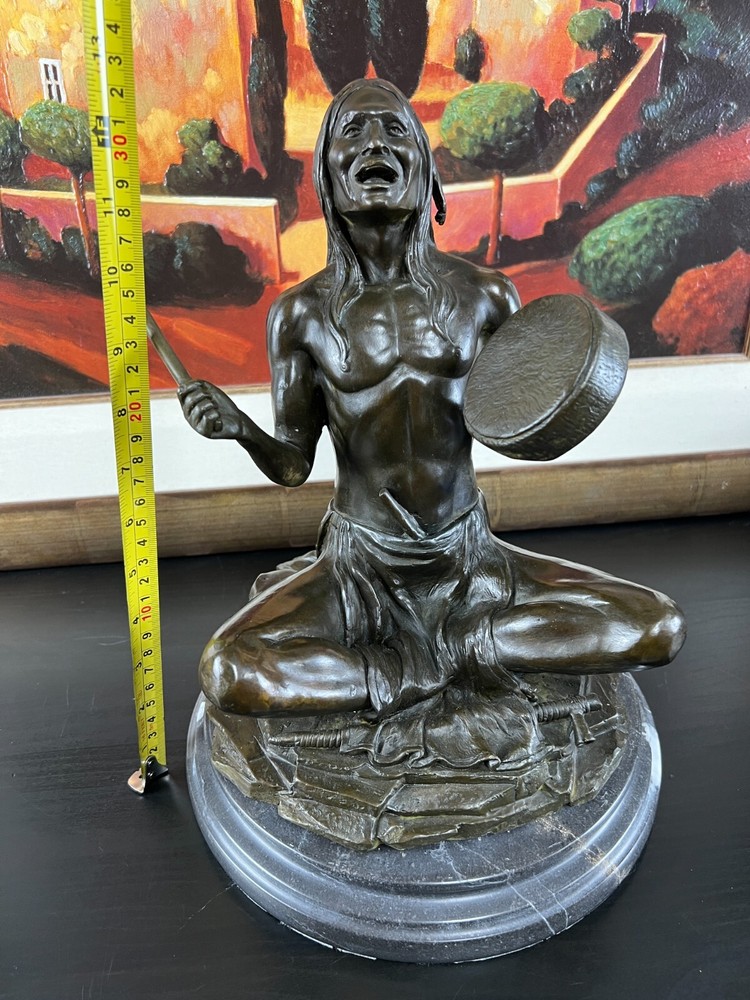 Bronze Seated Native American Drummer on Marble