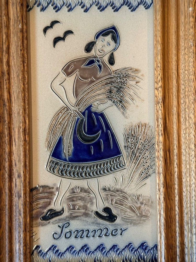GERMANY 4 SEASONS FRAMED CERAMIC TILE 4PC SIGNED HAND CRAFTED ETCHED WALL ART