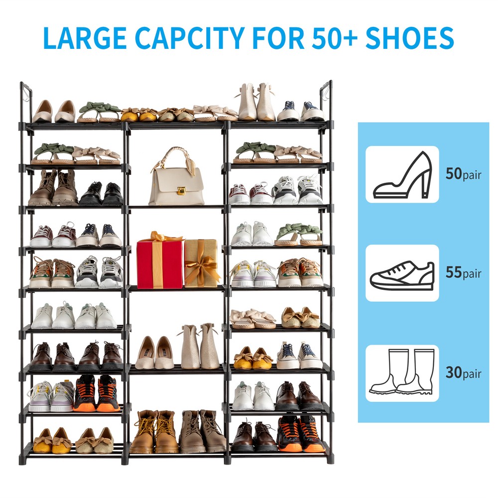 Black Modern Adjustable 9 Tiers Medium Shoe Rack,Stackable Assembly Shoe Shelves