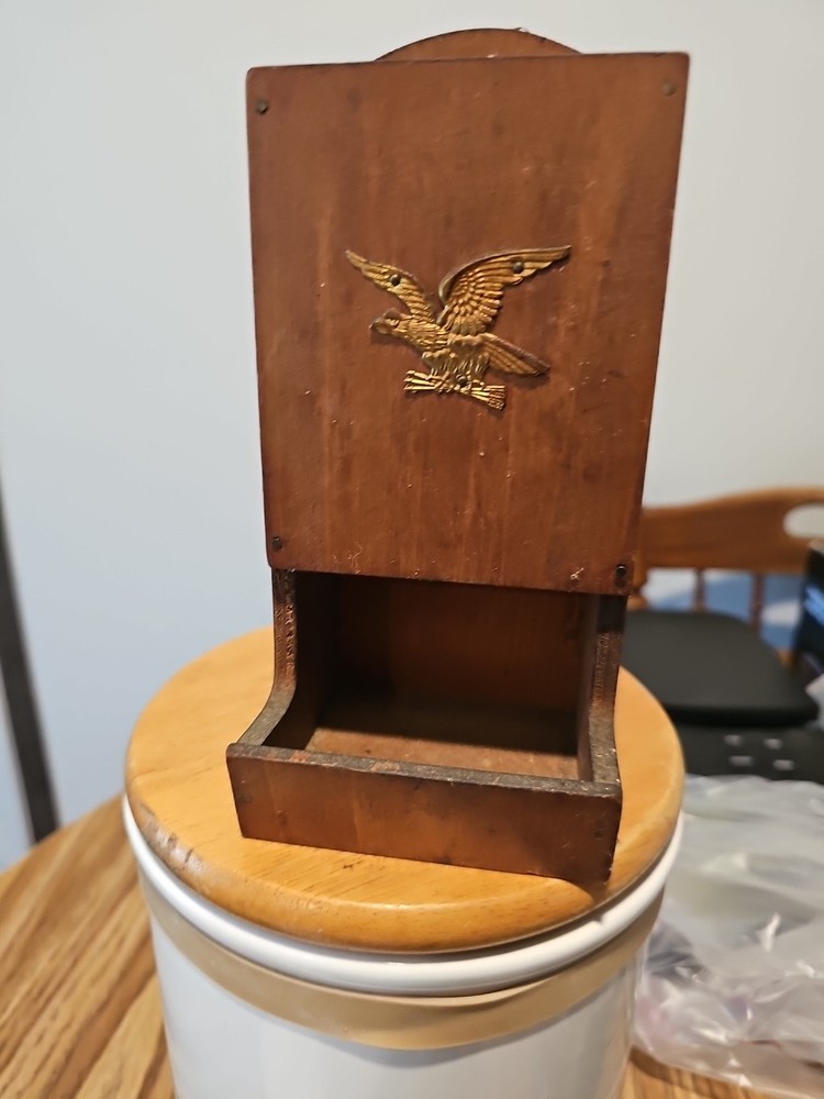 Vintage Wood Match Holder Eagle On Front.