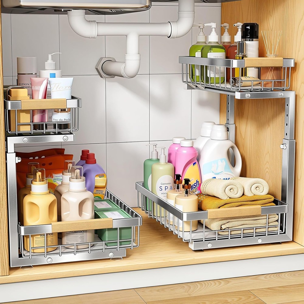 Under Sink Organizer Adjustable Height 2 Tier Pull Out Under Cabinet Organizer