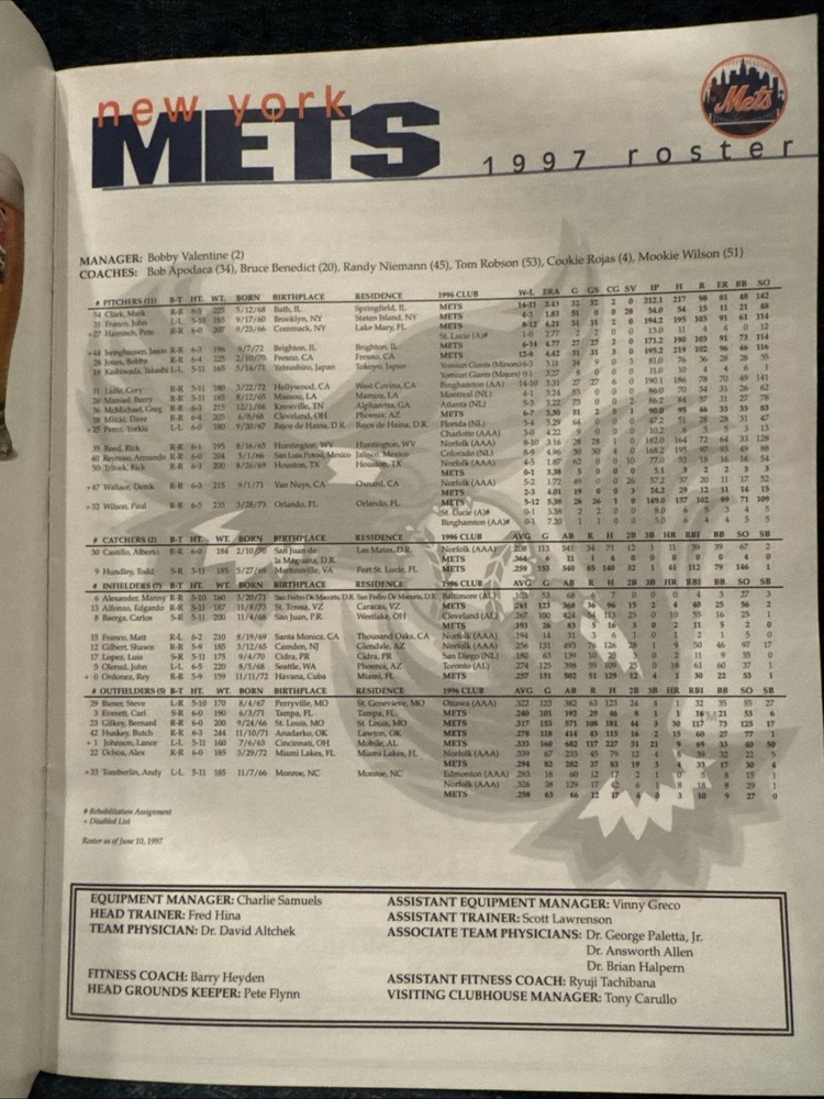 1997 Inaugural Interleague Mets vs Red Sox Program w/ Handwritten Note VG