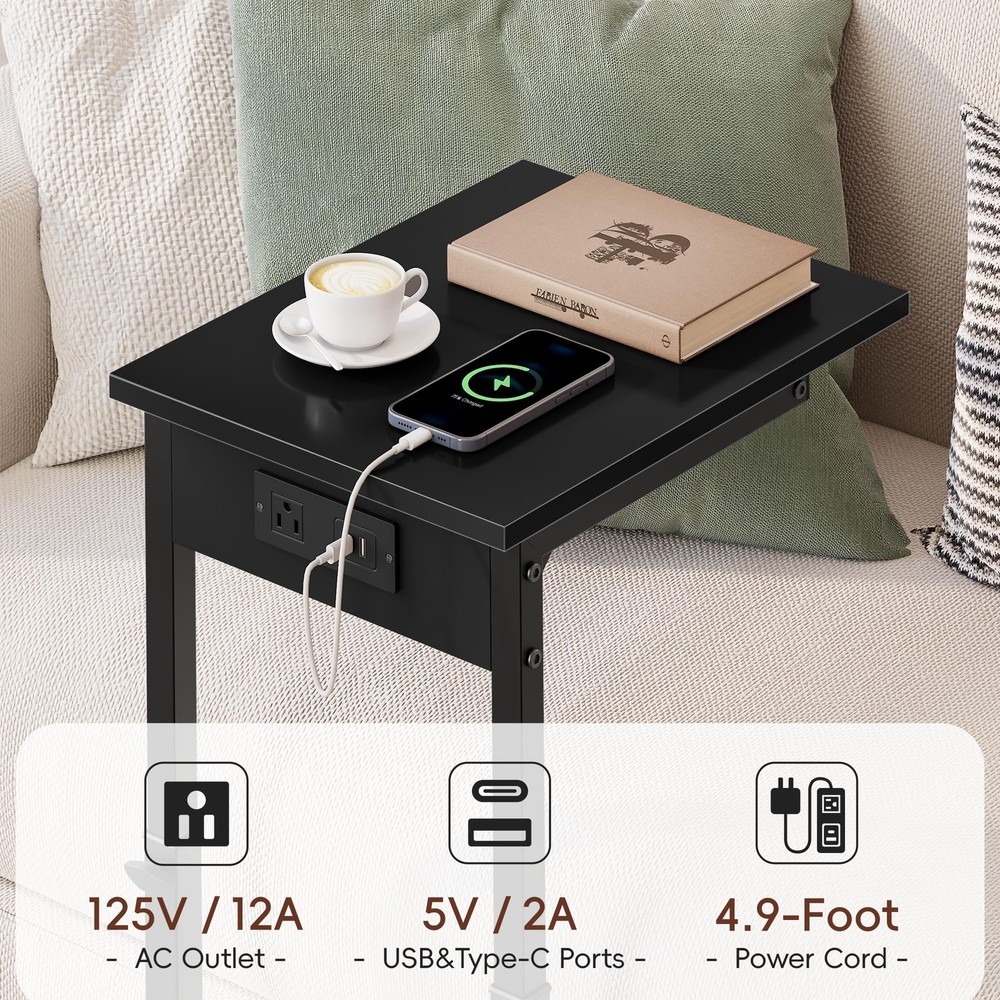 C Shaped End Table with Charging Station, 33"Tall C-Table End Table Adjustabl...