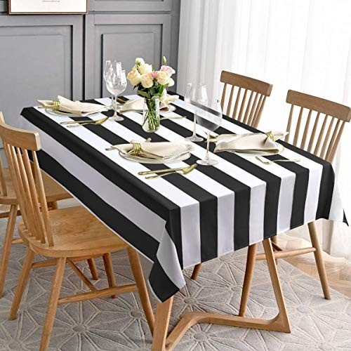 and White Striped Tablecloth for Rectangle 84" x 60" (Rectangular) Black