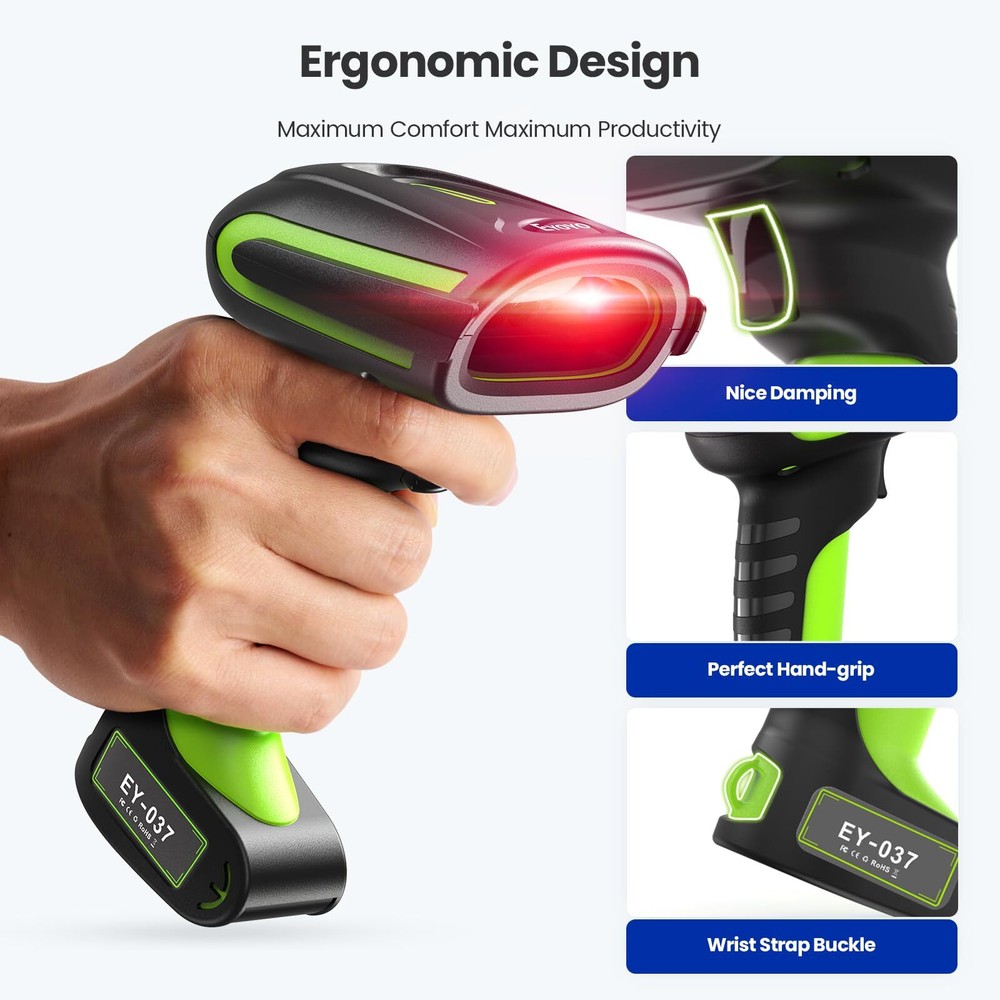 2D QR Industrial Barcode Scanner with Wireless Charging Stand, Rugged Heavy D...