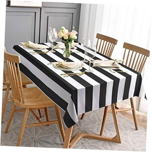 and White Striped Tablecloth for Rectangle 84" x 60" (Rectangular) Black