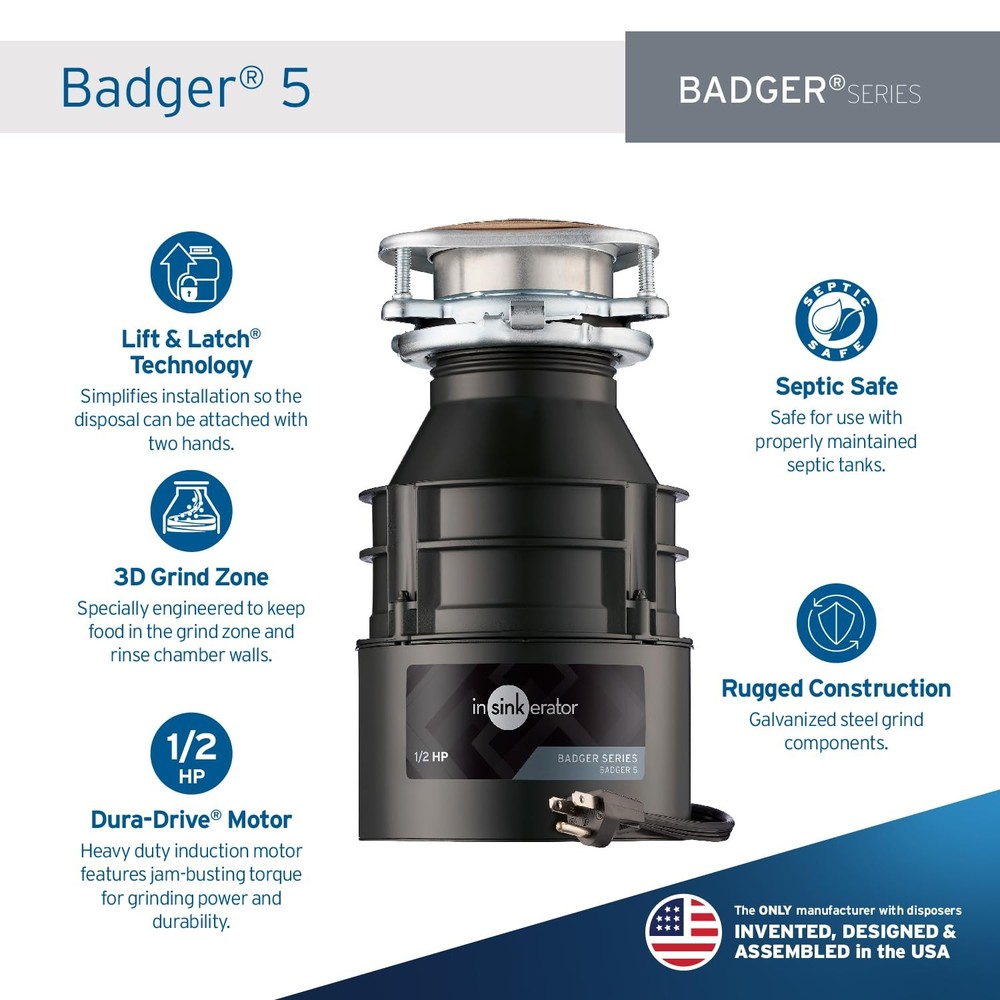 InSinkErator BADGER5W/CORD Badger 5 Garbage Disposal with Cord, 1/2 HP
