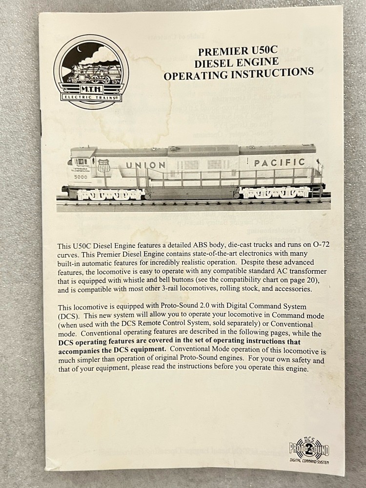 MTH Premier U50C Diesel Engine Operating Instructions VG+ Condition