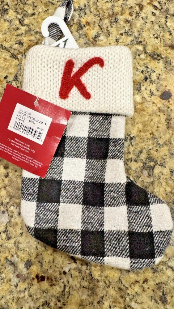 St Nicholas Square White and Black Plaid Mini Stocking 6" Initial K