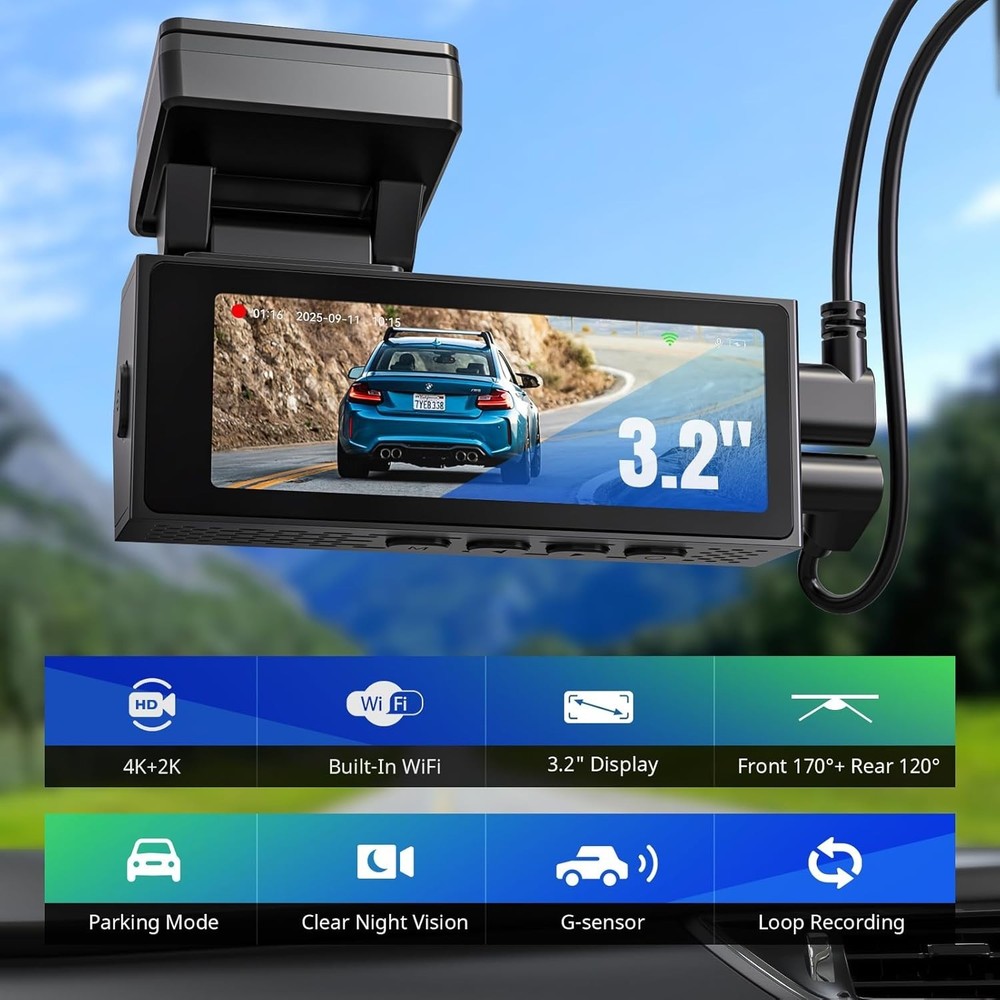 High-Resolution 4K Front & 2K Rear Dash Cam with G-Sensor & WiFi Technology