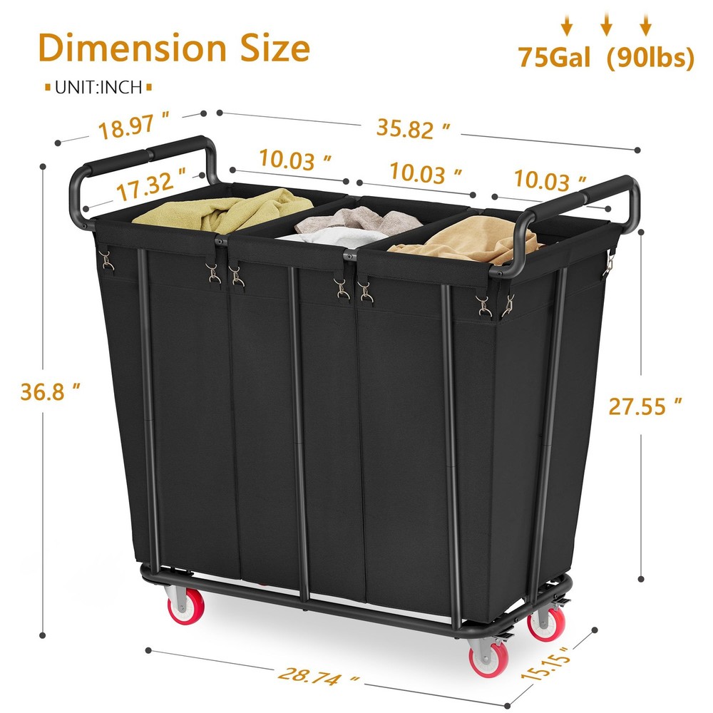 Large laundry hamper with Wheels, 360L 3 Bag Big Rolling Laundry Hamper Sorte...
