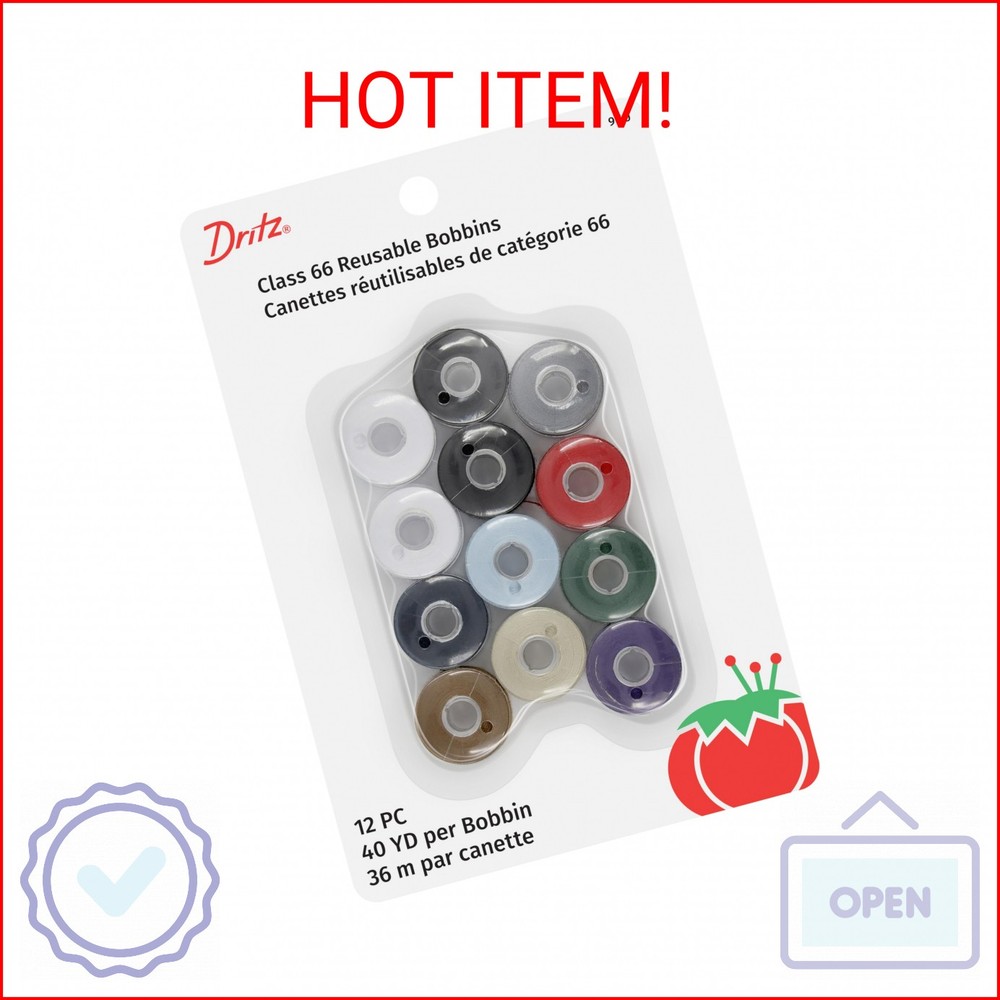 Dritz 950 Bobbins, Class 66, Plastic Pre-Filled, Basic Colors (12-Count) , White
