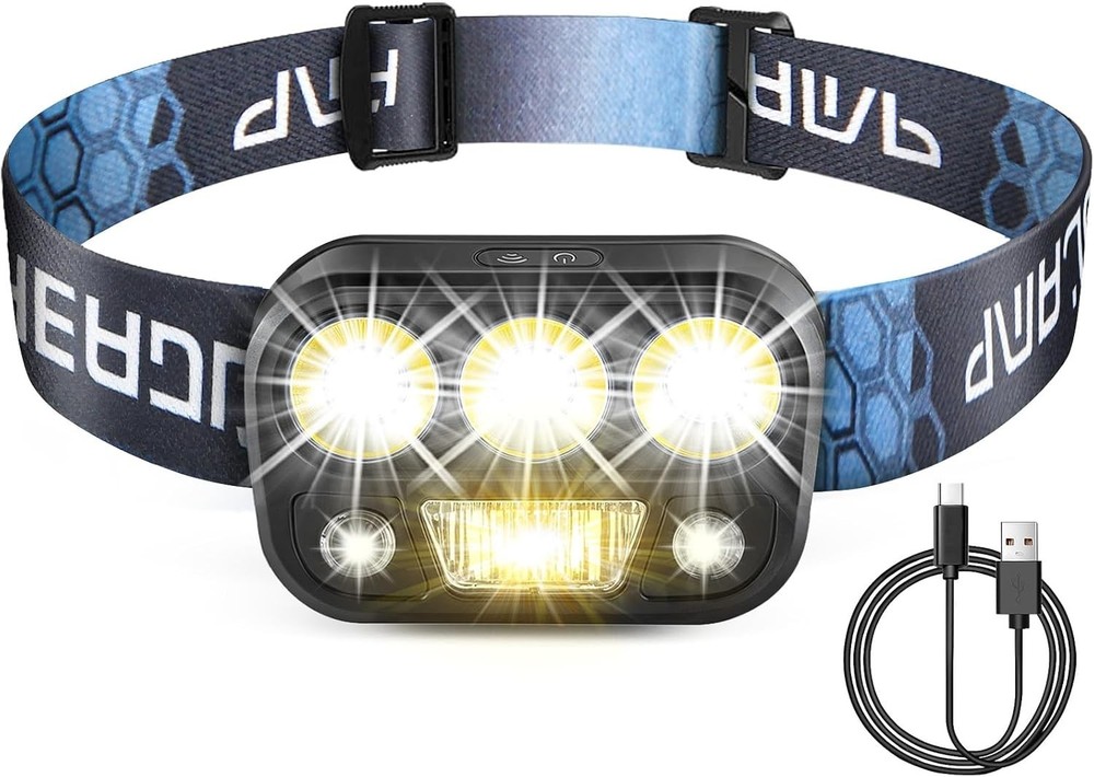 Lightweight 6-Mode LED Headlamp with Motion Sensor & Adjustable 45° Angle