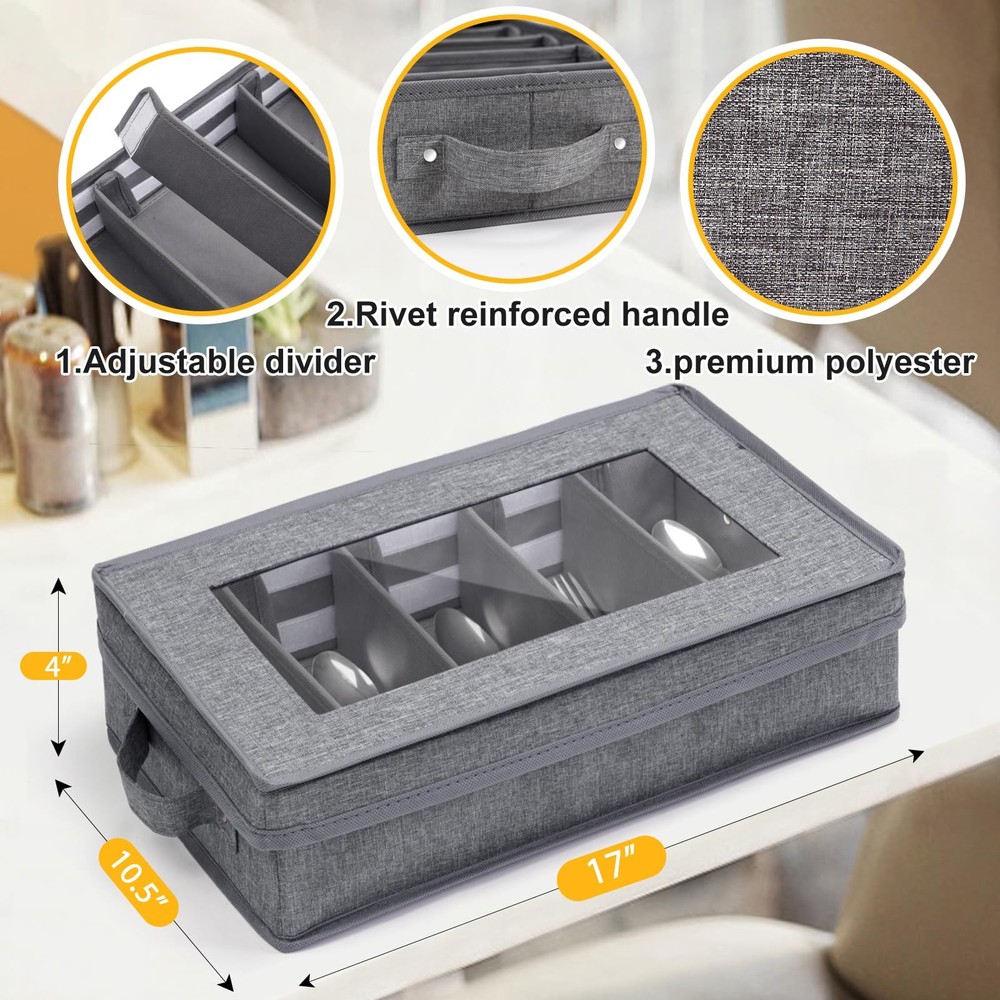 Lafulling Silverware Storage Box, Flatware Storage, 17"X10.5"X4", Grey