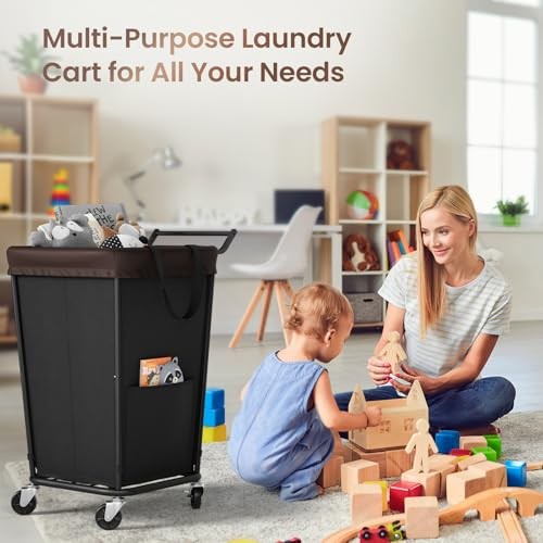 Laundry Hamper with Wheels and Handle, 2 160L Black-2 Section with Handle