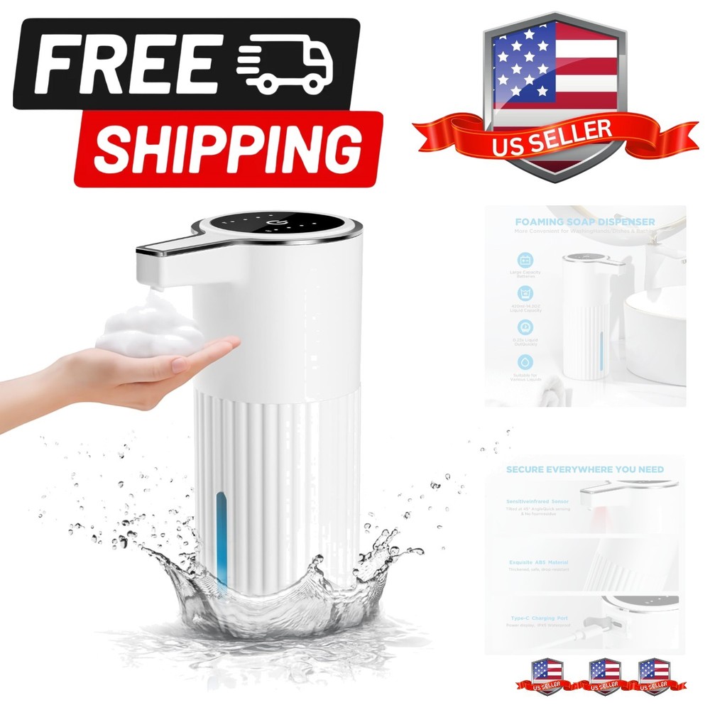 Automatic Soap Dispenser Foaming Touchless:14.2oz White Plastic - Rechargeabl...