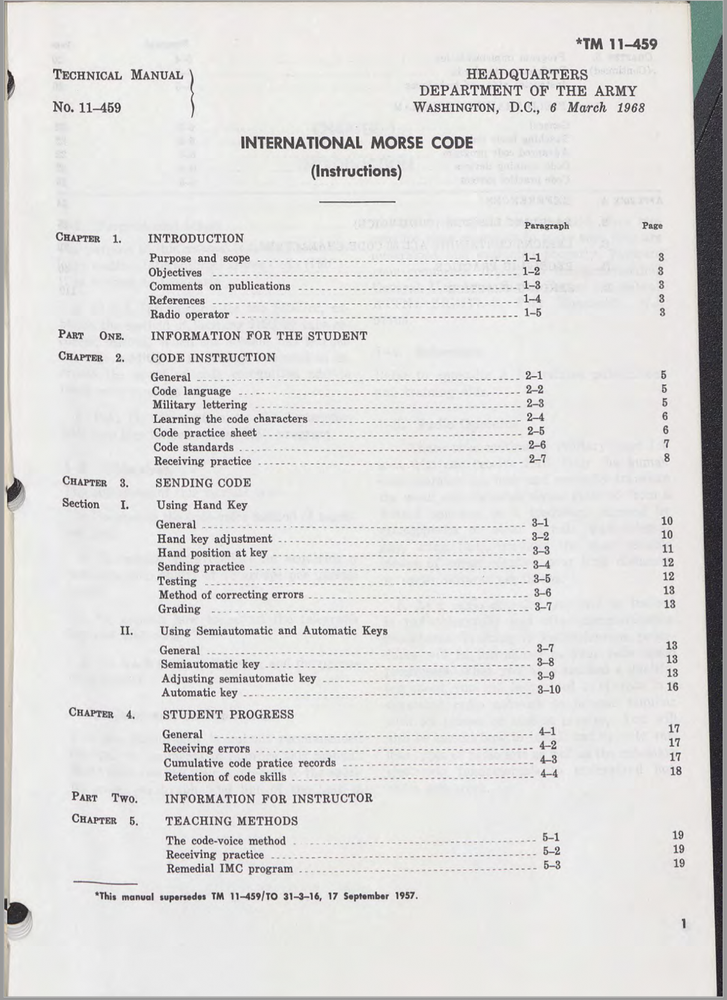 157 Page 1968 TM 11-459 International Morse Code (Instructions) Manual on CD