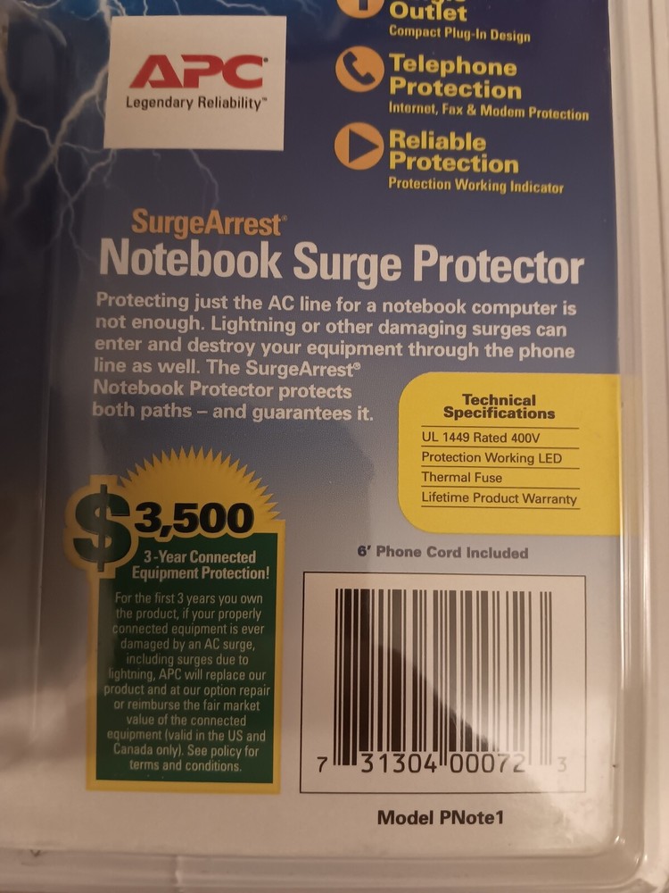 APC SurgeArrest Notebook / Laptop / Chromebook Surge Protector PNote1 Sealed
