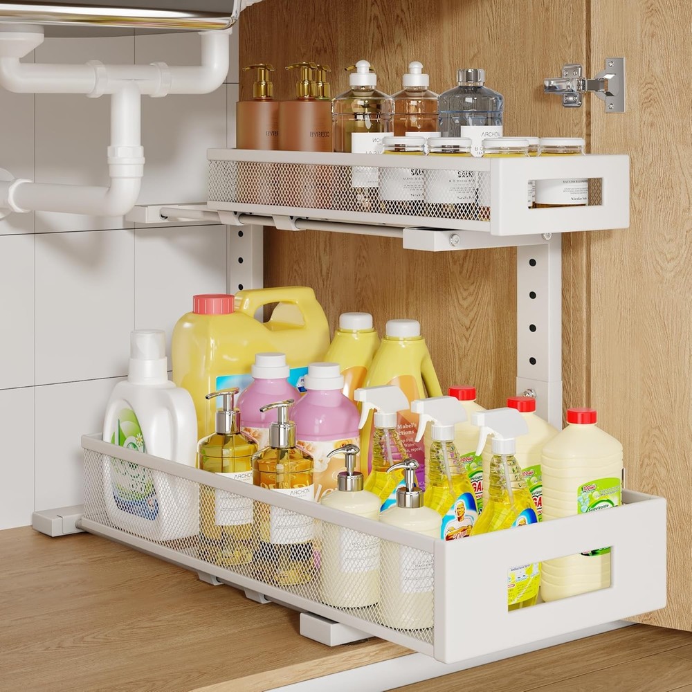2-Pack Under Sink Storage Organizer Large 2-Tier Elegant Mesh Pull Out Shelf
