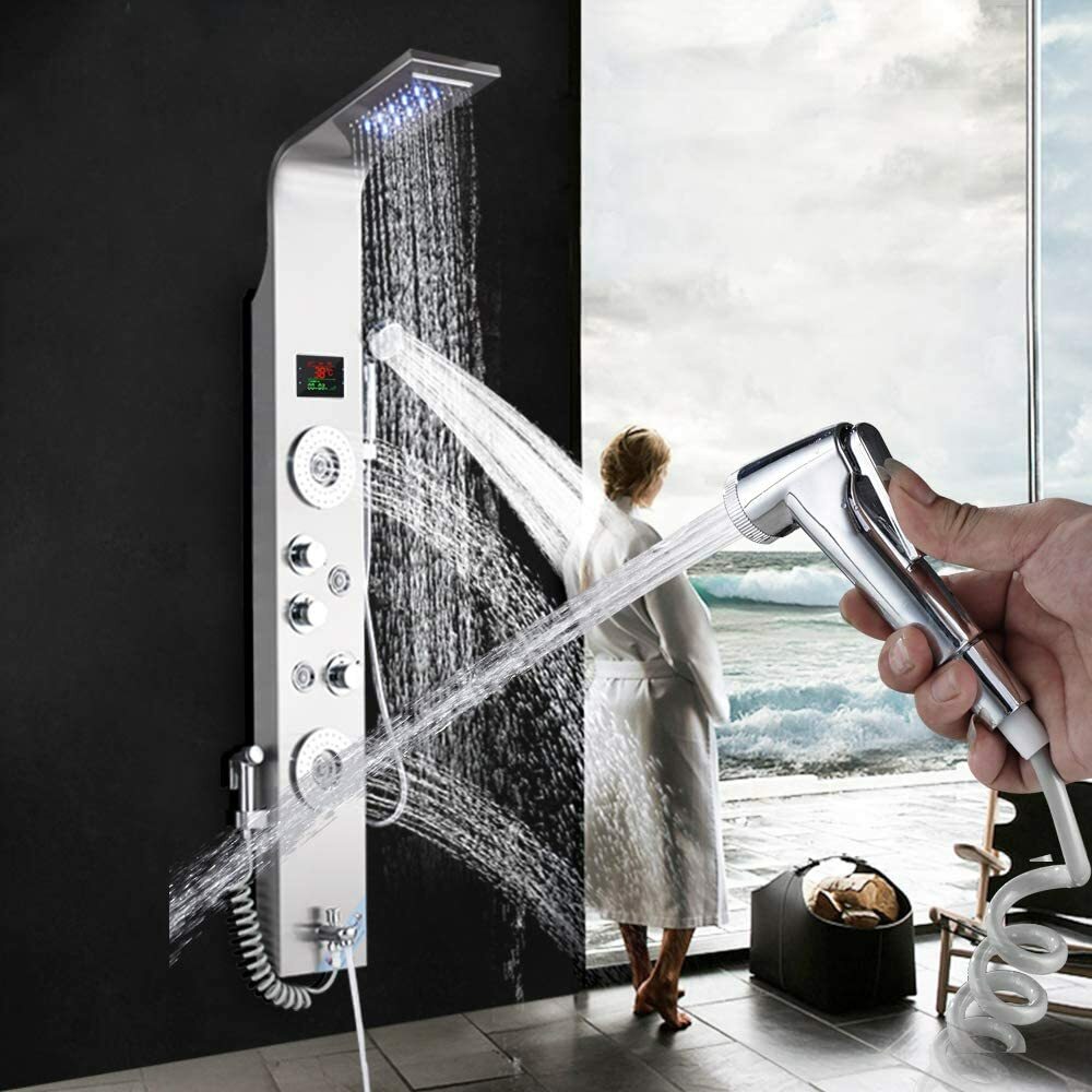 LED Shower Tower Panel Rainfall Waterfall Massage Shower Faucet System Stainless