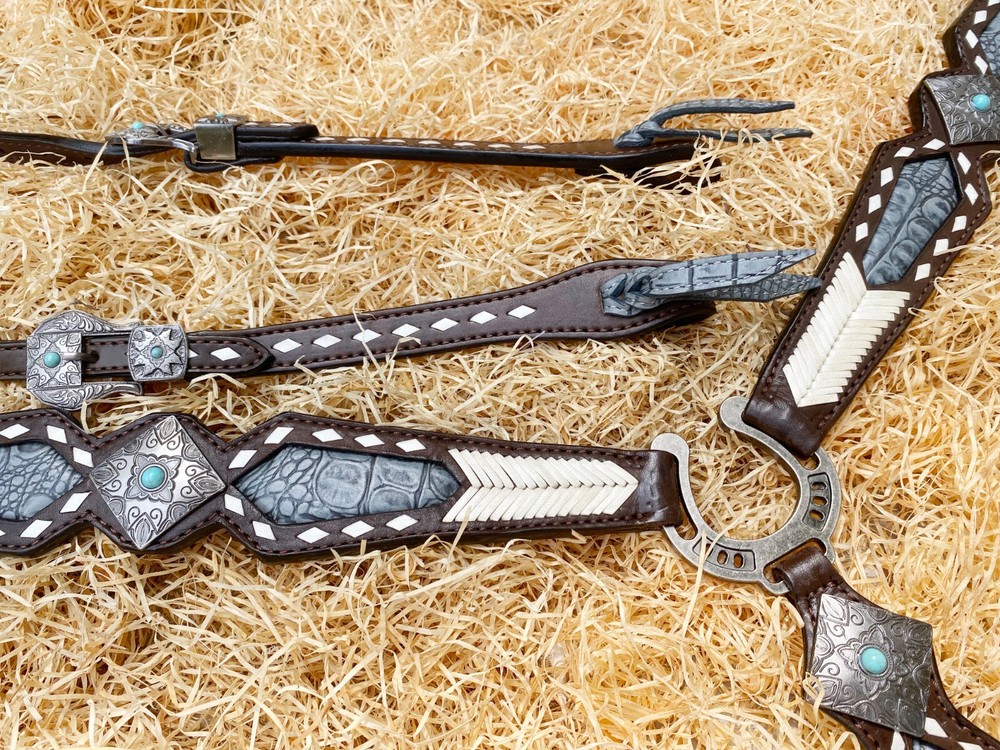 Western leather headstall breast collar décor with rawhide geometrical grading