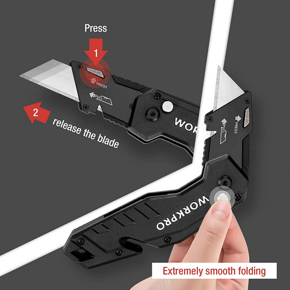 WORKPRO Folding Utility Knife Quick-Change Blade Wire Stripper Gut Hook 10 Blade