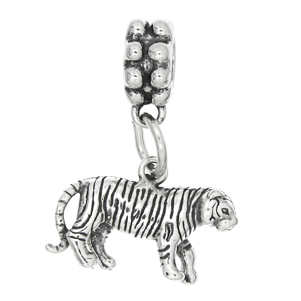Sterling Silver 3D Walking Tiger Dangle Bead Charm