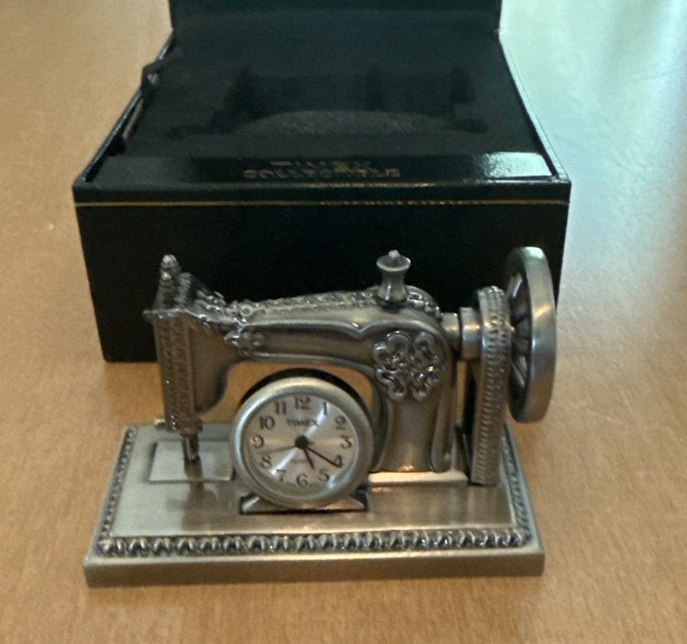 Timex Miniature Sewing Machine Pewter Clock 3”